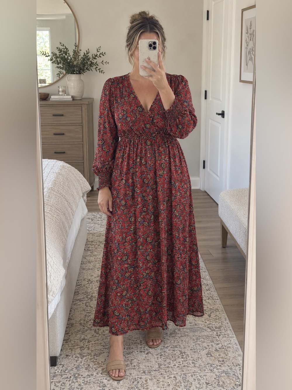 Boden Red Paisley V‑Neck Long Sleeve Dress